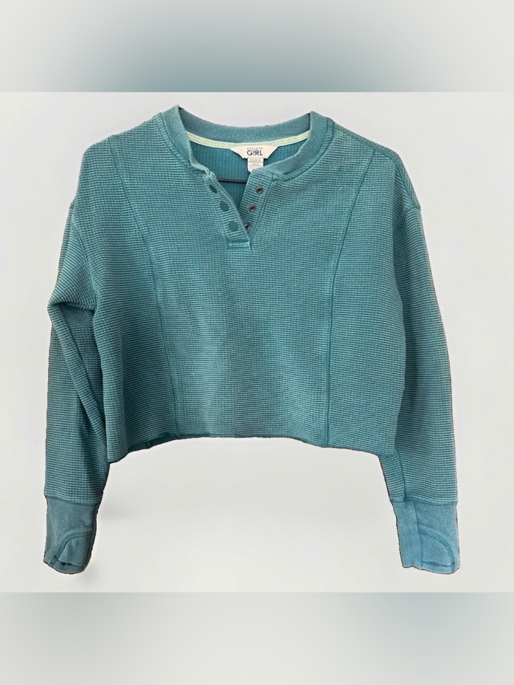 Athleta Girl Wander Waffle Henley Top Girls Large Teal Blue Cropped Long Sleeve
